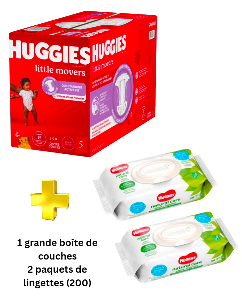 Combo Bébé Huggies – 198 Couches + 112 Lingettes Natural Care®