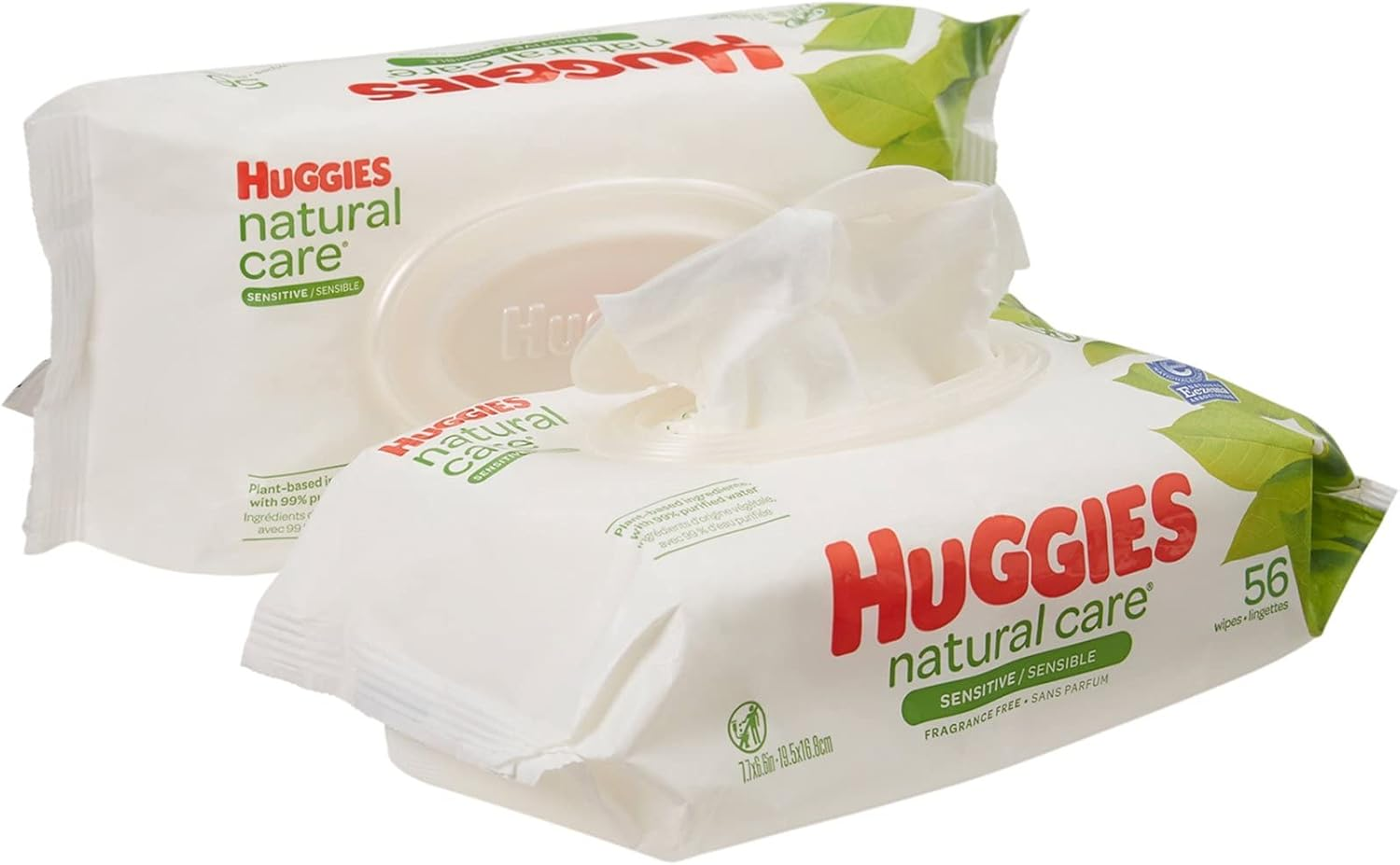 Collection de lingettes Huggies Natural Care® pour bébé, formats 56, 112, 168 et 560 pcs, adaptées aux peaux sensibles.