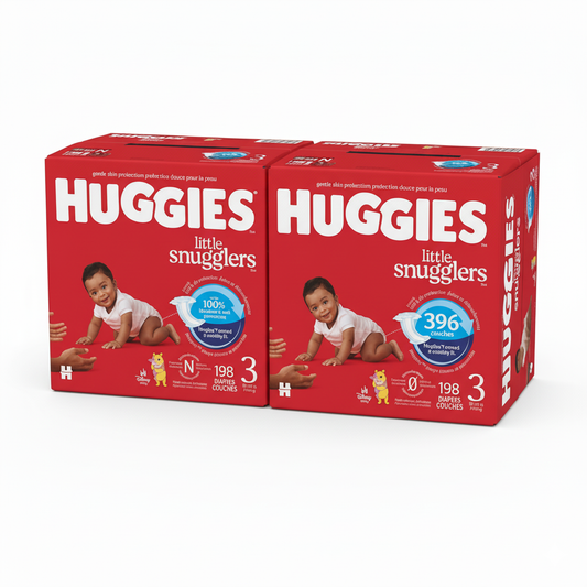 Couches Huggies – 2 Grandes Boîtes (396 pcs)